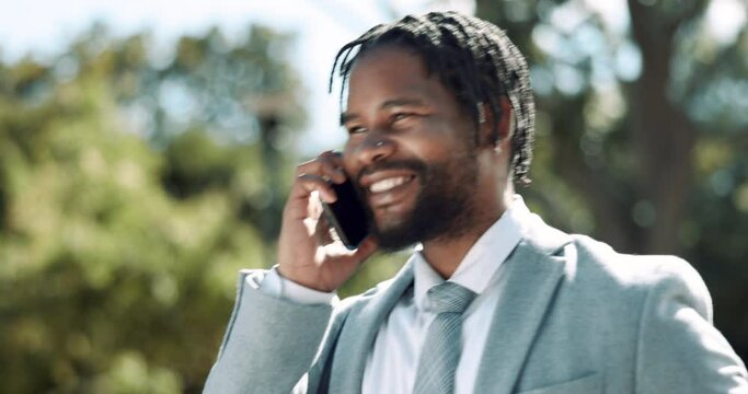 Phone call, park and happy with a business black man outdoor on his morning commute into work. Contact, smile and 5g mobile technology with a male employee talking or planning on his smartphone