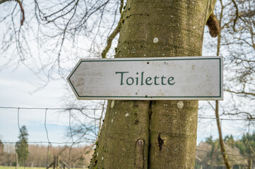 German white toilet Toilette direction sign at a tree trunk