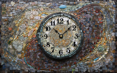 Fototapeta na wymiar A rustic wall clock set against a complex mosaic pattern, blending art with the essence of time.