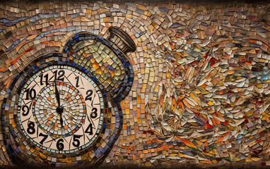 Fototapeta na wymiar Pocket watch amidst a mosaic background, showcasing the intricate blend of time and textured art patterns.