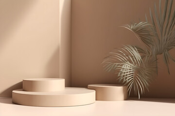 3D background, pedestal podium with plants branches. Pastel display showcase set for Beauty, Cosmetic product presentation template. Geometric minimal 3D render mockup. AI generated.