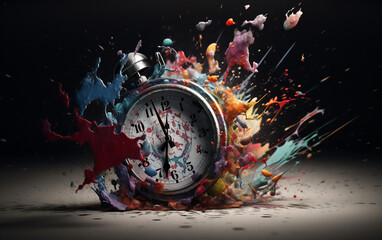 Vibrant paint explosion surrounding a classic stopwatch, symbolizing dynamic and creative passage of time.