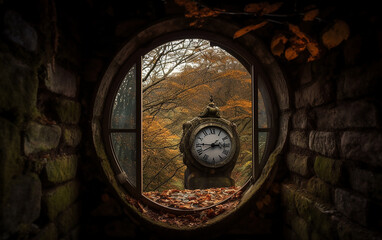 Old-fashioned clock facing an autumnal landscape through a round stone window.