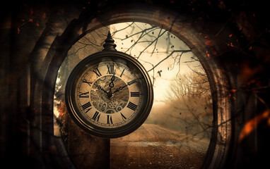 Fototapeta na wymiar Vintage pocket watch superimposed on a forest backdrop, blending time with nature.