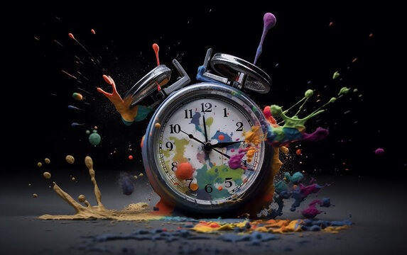 Classic twin-bell alarm clock with paint splashes, symbolizing a loud, energetic wake-up call or deadline.