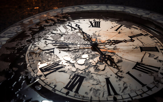Shattered clock face representing the concept of broken time or time running out in a dramatic setting.