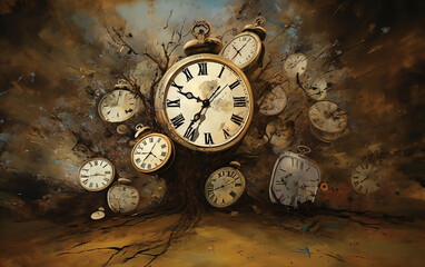 Collection of antique pocket watches on a paint-splattered background, emphasizing the evolution of timekeeping devices.