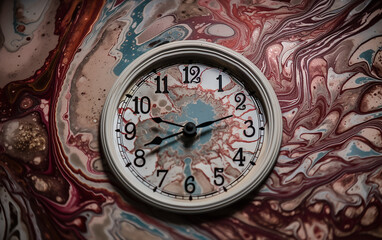 Round wall clock set against a swirled marbled background in shades of red, white, and blue, creating a fluid aesthetic.