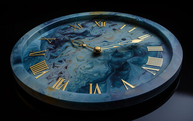 Elegant table clock with blue marbled background, golden hands, and Roman numerals set against a dark backdrop.