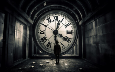 A silhouette of a person standing in front of a large vintage clock with Roman numerals, located in a dimly lit hallway.