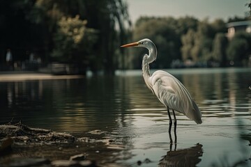 Naklejka premium On the lake, there is a white heron. Generative AI
