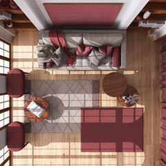 Wooden living room in boho style with parquet floor. Fabric sofa, carpet and tables in white and red tones. Bohemian interior design. Top view, plan, above