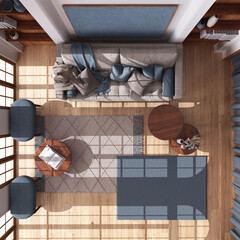 Wooden living room in boho style with parquet floor. Fabric sofa, carpet and tables in white and blue tones. Bohemian interior design. Top view, plan, above