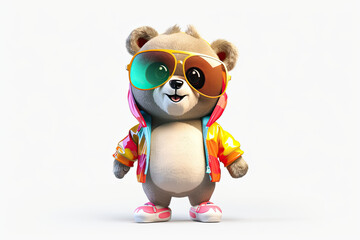 A happy and cool 3D character of a bear with full body, wearing clothes and sunglasses, on a background. Generative AI
