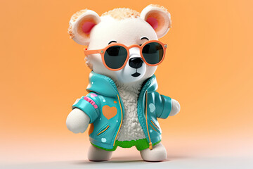 A happy and cool 3D character of a bear with full body, wearing clothes and sunglasses, on a background. Generative AI
