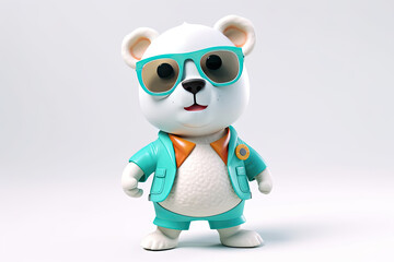 Fototapeta premium A happy and cool 3D character of a bear with full body, wearing clothes and sunglasses, on a background. Generative AI