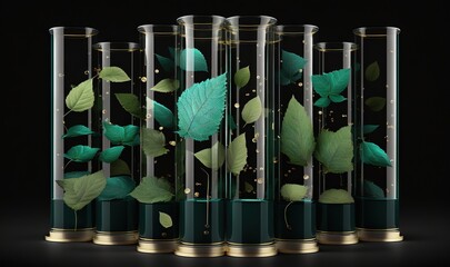  a group of three glass vases with leaves inside of them on a black surface with a gold border around the vases and a black background.  generative ai