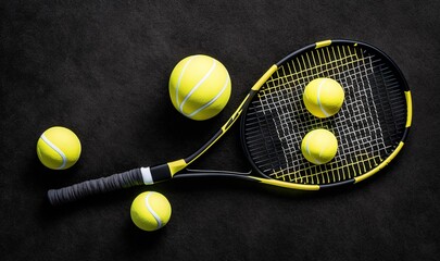  a tennis racket and four balls on a black surface with a black background and a black and yellow tennis racket with four yellow balls on it.  generative ai