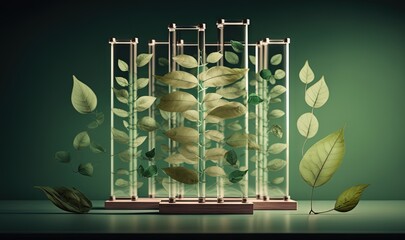  a group of green leaves floating in a glass container with a wooden base and a green wall in the background with a green wall behind it.  generative ai