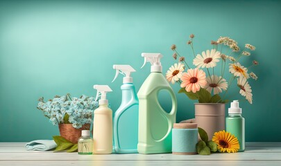  a group of different types of cleaning products on a table with flowers in a vase and a blue wall in the background with a green wall.  generative ai