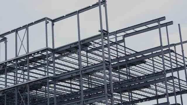 metal beams building corner frame structure iron steel construction site panning