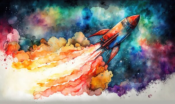  a colorful painting of a rocket taking off into the sky with smoke coming out of its back end and colorful clouds surrounding it and a bright blue, red, yellow, orange, purple.  generative ai