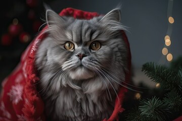 A background of a New Year tree is adorned with a gray, fluffy cat wearing a Santa Claus costume. The animal is cheerful and sporting a sweet crimson cape. Generative AI