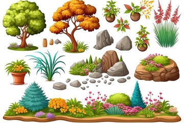 Set of cartoon garden landscaping elements for garden scene creation. Green bush, gardenbed, plants in pot, trees, columns, stones and landspace details collection on isolated white background.