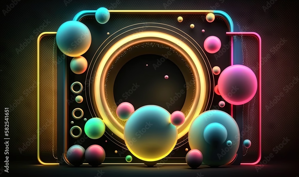 Poster a neon colored object with bubbles and bubbles on it's sides, with a black background and a neon fra
