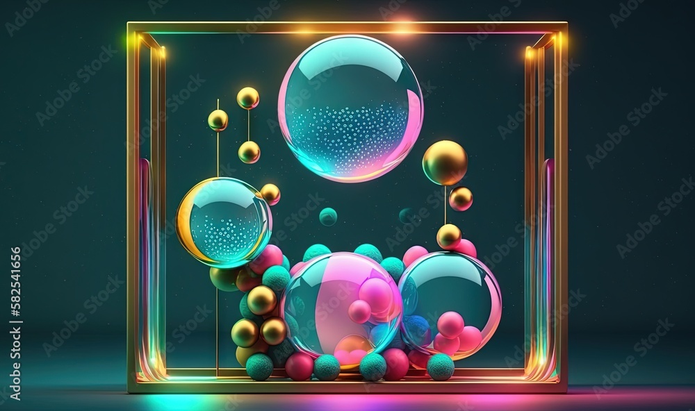 Poster a colorful display case filled with balls and bubbles on a dark background with a neon light around 