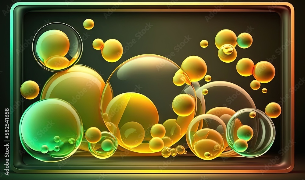 Poster a picture of soap bubbles in a square frame on a black background with a green and yellow border and
