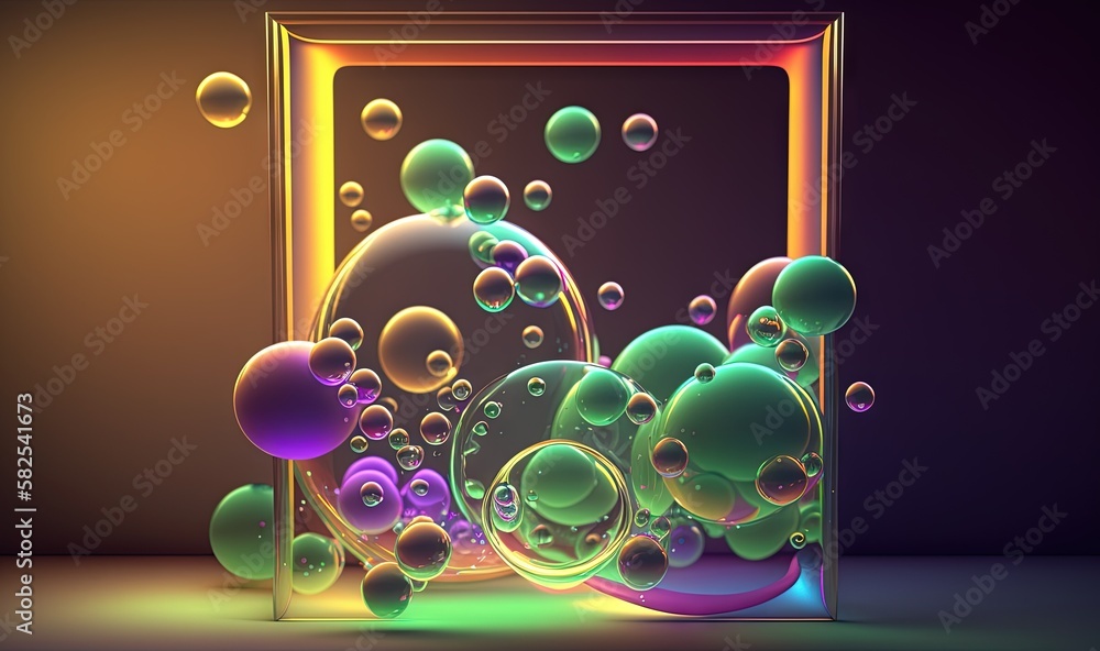 Poster an abstract photo of soap bubbles in a square frame on a dark background with a yellow light in the 