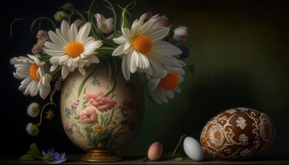 a painting of flowers in an egg with easter eggs,ai generated
