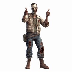 Brutal Zombie Male Character Showing Thumbs Up in Fitted Attire on White Background, Generative AI