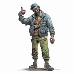Fototapeta premium Brutal Zombie Male Character Showing Thumbs Up in Fitted Attire on White Background, Generative AI