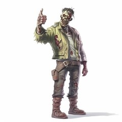 Brutal Zombie Male Character Showing Thumbs Up in Fitted Attire on White Background, Generative AI