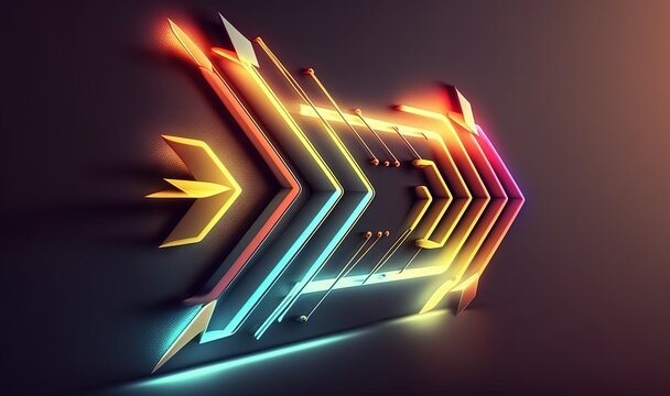  an abstract 3d image of an arrow with neon lights on a dark background with a shadow of the arrow and a place for the text.  generative ai