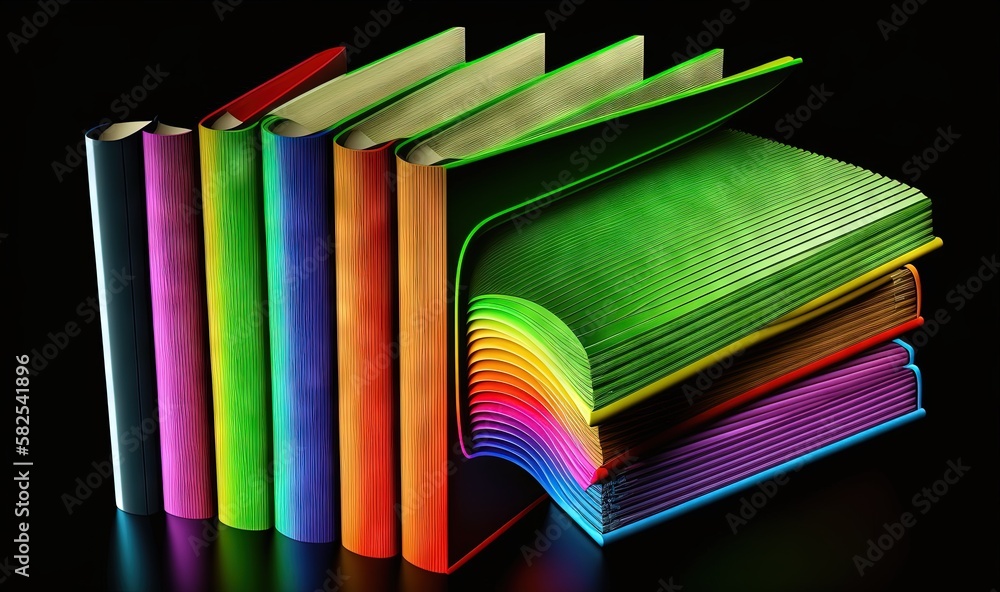 Poster a stack of colorful books sitting next to each other on a black background with a black background b