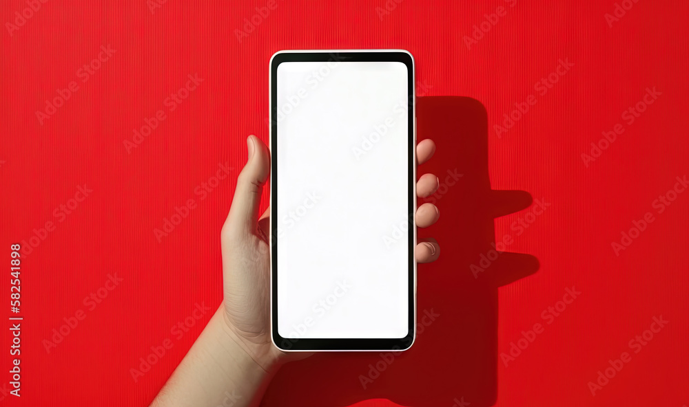 Poster a hand holding a smart phone with a white screen on a red background with a shadow of a hand on the 