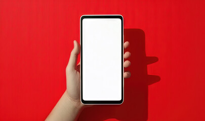  a hand holding a smart phone with a white screen on a red background with a shadow of a hand on the screen and a shadow of a hand.  generative ai