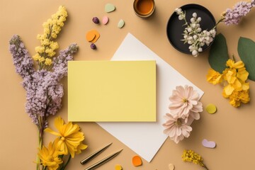 A yellow card with flowers on it and a white paper with a picture of a flower on it. Generative Ai