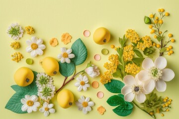 Fototapeta na wymiar A yellow background with flowers and fruits including lemons and daisies. Generative Ai