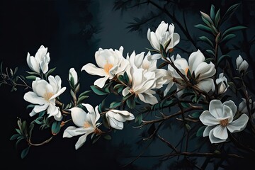 Fototapeta na wymiar painting showing beautiful white flowers in dark background - Generative AI