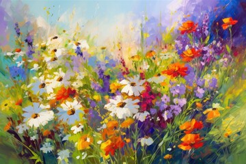 Fototapeta na wymiar Wildflowers - Original oil painting of flowers,beautiful field flowers on canvas. Modern Impressionism - Generative AI