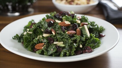 Fresh healthy Kale Salad with almond and cranberries. Generative AI.