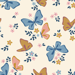 Fototapeta na wymiar Spring theme seamless pattern with butterflies and flowers. Vector illustration.