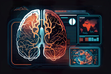 Healthcare and medical. They diagnose the human brain using medical technology. Examining brain diseases with the modern virtual interface. AI generated illustration.