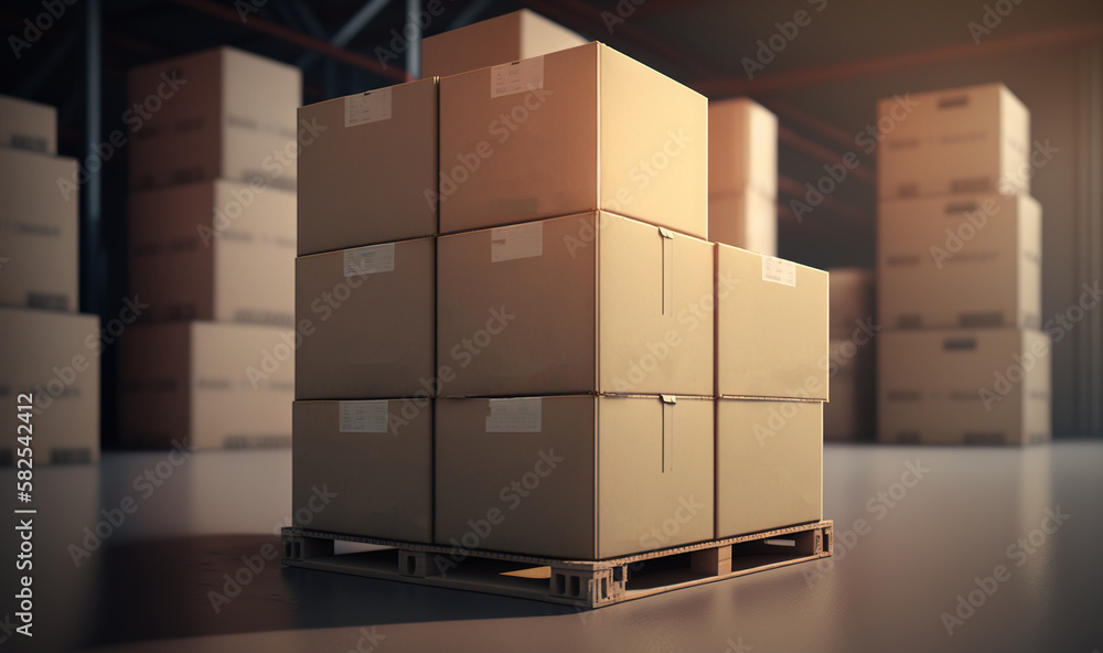 Poster a large stack of boxes sitting on top of a pallet in a warehouse with other boxes in the back of the