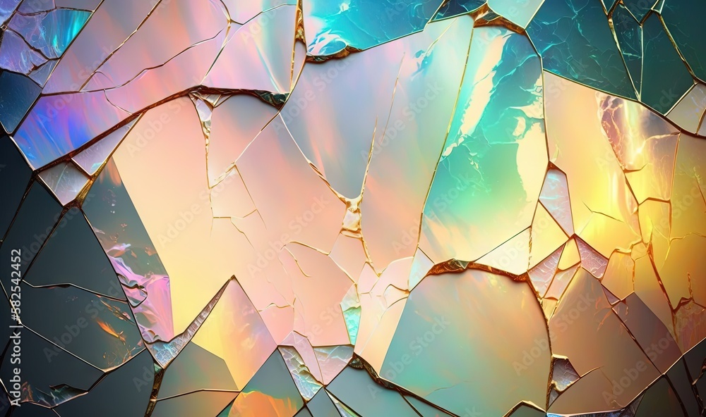 Poster a close up of a broken glass window with a multicolored pattern on the glass and a black background 