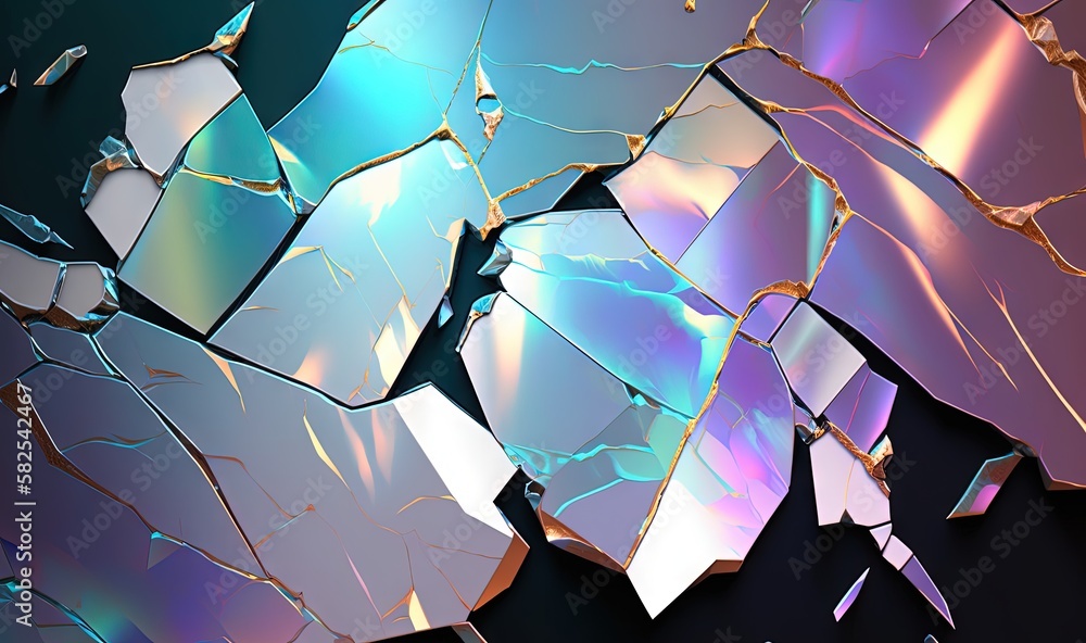 Poster an abstract image of a broken mirror with a black background and a blue and purple background with a